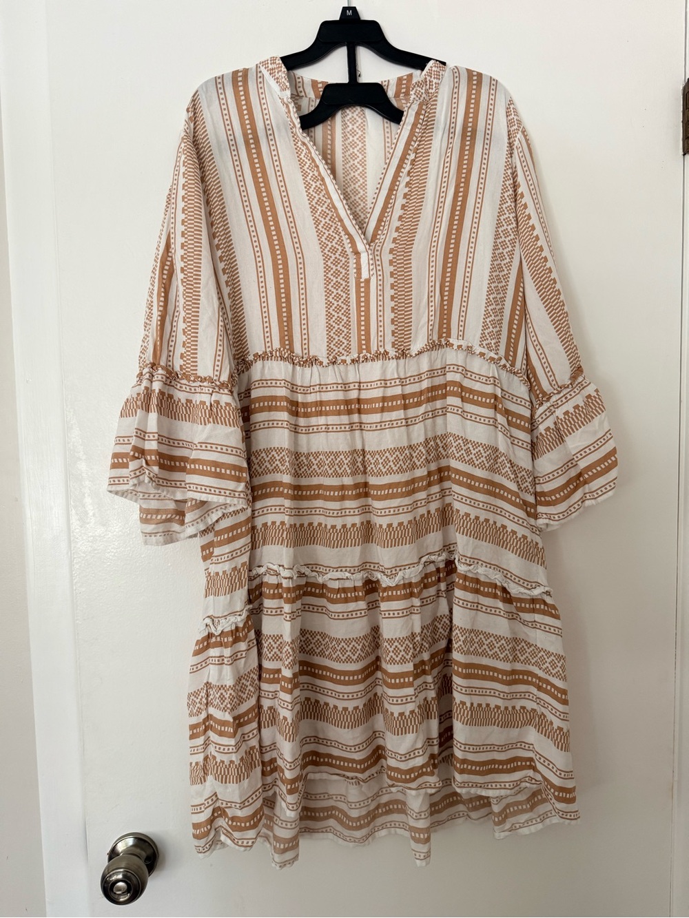 Salty Lemon L Beige White Striped V-Neck 3/4 Bell Sleeve Shift Dress Rayon